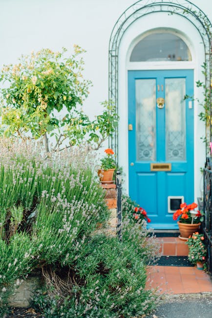 A small front garden featuring a vibrant blue front door with a rounded window above and a brass letterbox, set within a white-wall facade. The garden includes a variety of lush, green plants and shru